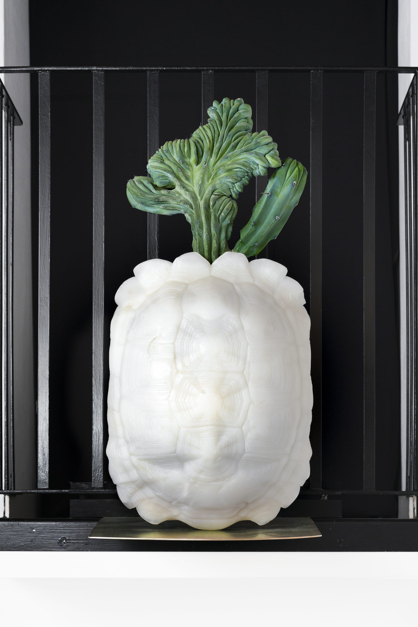 Albina Crestata, installation view, resin and glass powder, laser-cut and tropicalised iron plate, 83×40×35 cm, 2021, in Incontri Sensibili, Villa Contemporanea, Monza — ph. Rui Wu