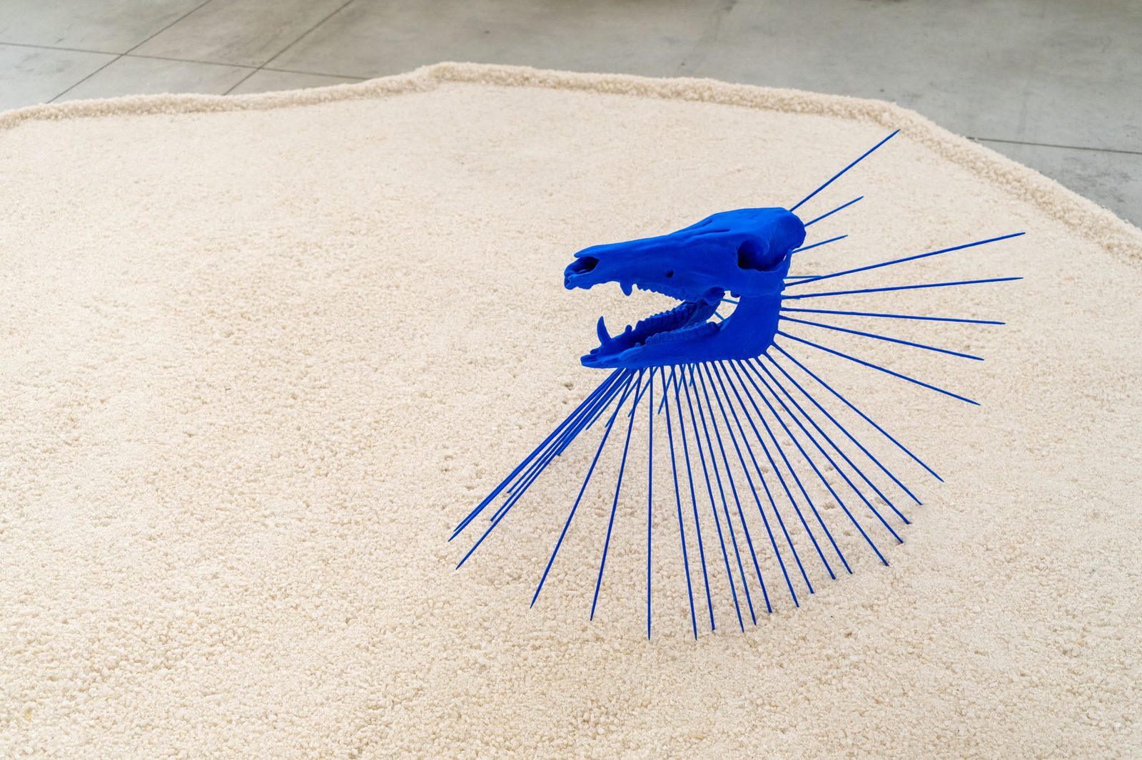 Precipitazioni sotto il livello del mare, installation view, nickel-plated brass, resin-coated wood and fabric powder, flocked boar skeletons and steel, salt, Careof, Milan, 2022 — ph. Diego Mayon