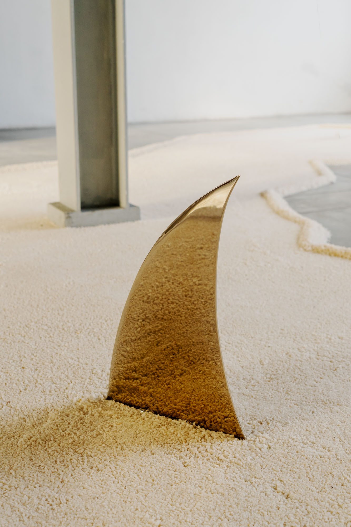 Precipitazioni sotto il livello del mare, installation view, nickel-plated brass, resin-coated wood and fabric powder, flocked boar skeletons and steel, salt, Careof, Milan, 2022 — ph. Diego Mayon